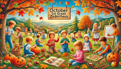 dalle 2024 10 31 06.34.20 a colorful illustration capturing a joyful autumn scene with young children from the 1st grade of np vs zederhaus in a grassy outdoor setting. they ar